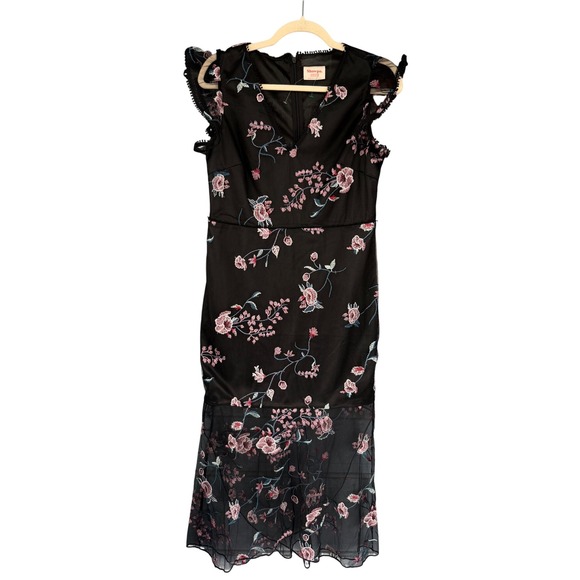 Showpo Sheer Tulle Floral Embroidered Dress Ruffle Sleeves Party Black 4‎ - Picture 1 of 9